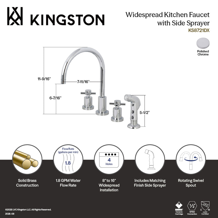 Kingston Sona KS8721DX - Concord Double-Handle 4-Hole Widespread Kitchen Faucet with Plastic Sprayer, Polished Chrome