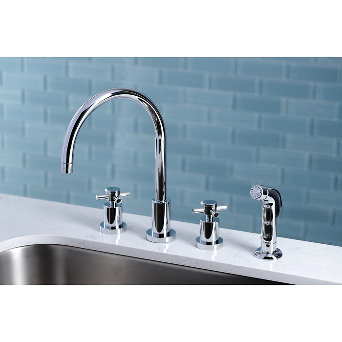 Kingston Sona KS8721DX - Concord Double-Handle 4-Hole Widespread Kitchen Faucet with Plastic Sprayer, Polished Chrome