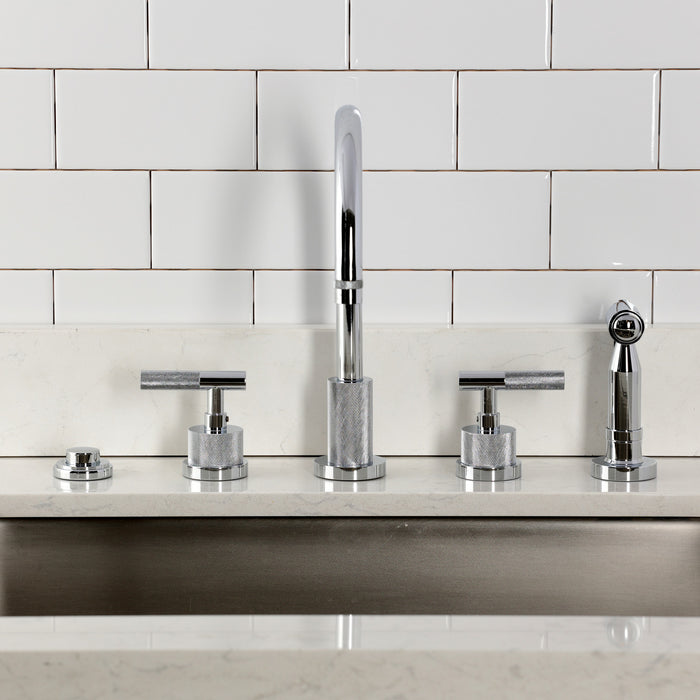 Kingston Sona KS8721KNLBS - Convergent Double-Handle 4-Hole Widespread Kitchen Faucet with Knurled Handle 4-Hole and Brass Sprayer, Polished Chrome