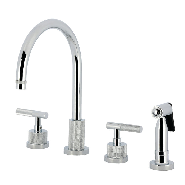 Kingston Sona KS8721KNLBS - Convergent Double-Handle 4-Hole Widespread Kitchen Faucet with Knurled Handle 4-Hole and Brass Sprayer, Polished Chrome