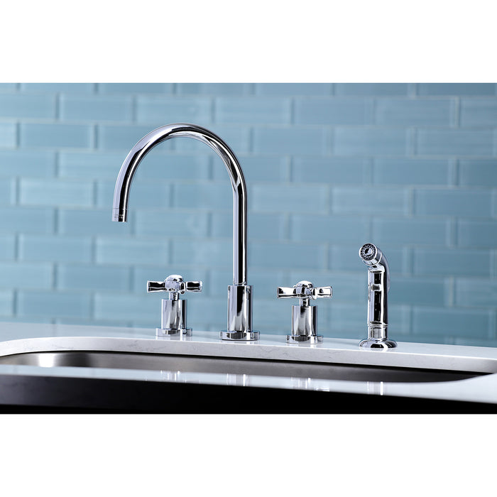 Kingston Tulare KS8721ZX - Millennium Double-Handle 4-Hole Widespread Kitchen Faucet with Plastic Sprayer, Polished Chrome