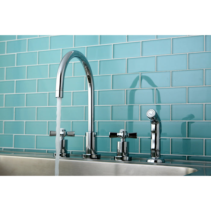 Kingston Tulare KS8721ZX - Millennium Double-Handle 4-Hole Widespread Kitchen Faucet with Plastic Sprayer, Polished Chrome