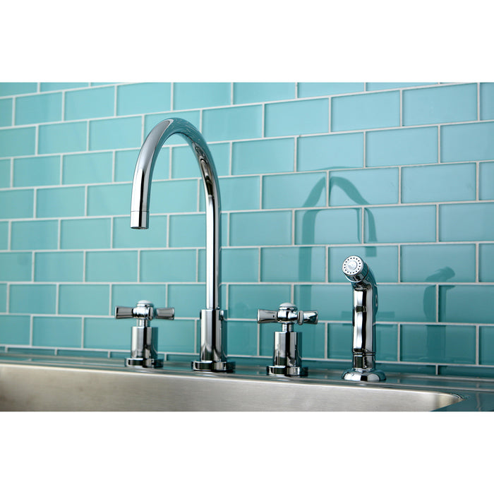 Kingston Tulare KS8721ZX - Millennium Double-Handle 4-Hole Widespread Kitchen Faucet with Plastic Sprayer, Polished Chrome