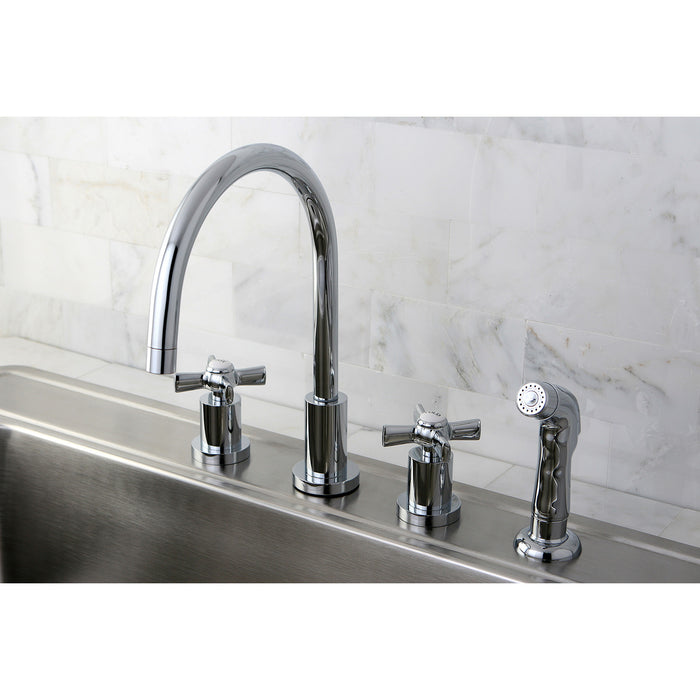 Kingston Tulare KS8721ZX - Millennium Double-Handle 4-Hole Widespread Kitchen Faucet with Plastic Sprayer, Polished Chrome