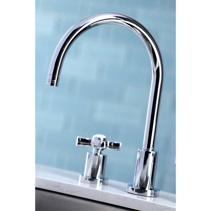 Kingston Tulare KS8721ZX - Millennium Double-Handle 4-Hole Widespread Kitchen Faucet with Plastic Sprayer, Polished Chrome