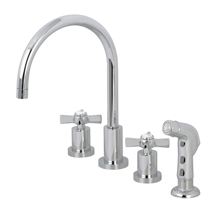 Kingston Tulare KS8721ZX - Millennium Double-Handle 4-Hole Widespread Kitchen Faucet with Plastic Sprayer, Polished Chrome