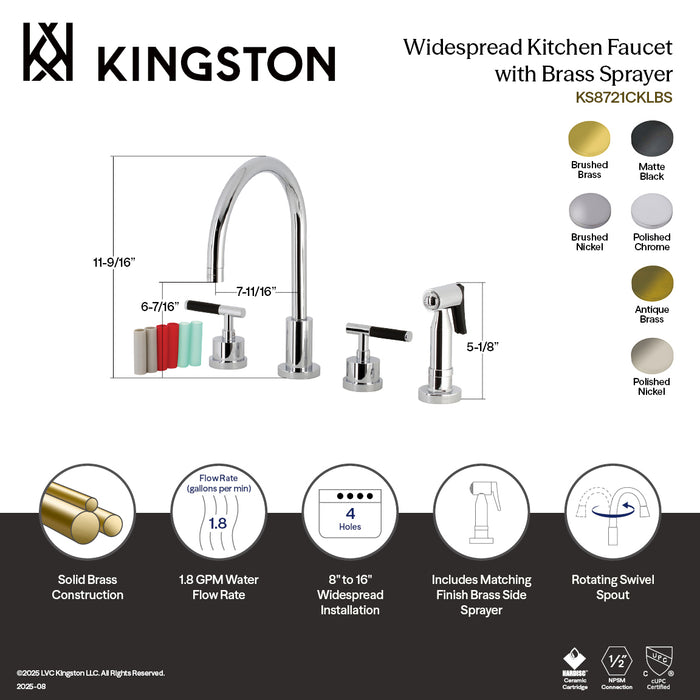 Kingston Sona KS8723CKLBS - Kaiser Double-Handle 4-Hole Widespread Kitchen Faucet with Brass Sprayer, Antique Brass