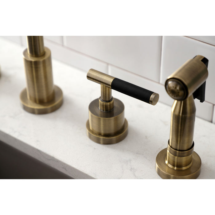 Kingston Sona KS8723CKLBS - Kaiser Double-Handle 4-Hole Widespread Kitchen Faucet with Brass Sprayer, Antique Brass