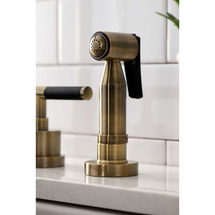 Kingston Sona KS8723CKLBS - Kaiser Double-Handle 4-Hole Widespread Kitchen Faucet with Brass Sprayer, Antique Brass
