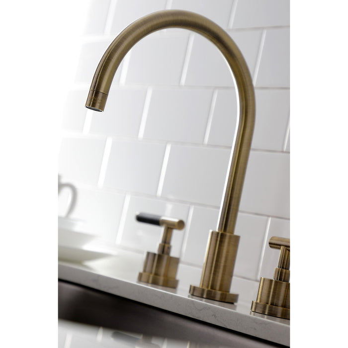 Kingston Sona KS8723CKLBS - Kaiser Double-Handle 4-Hole Widespread Kitchen Faucet with Brass Sprayer, Antique Brass