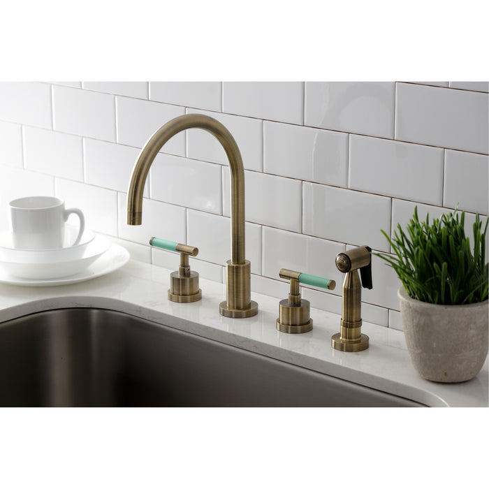 Kingston Sona KS8723CKLBS - Kaiser Double-Handle 4-Hole Widespread Kitchen Faucet with Brass Sprayer, Antique Brass
