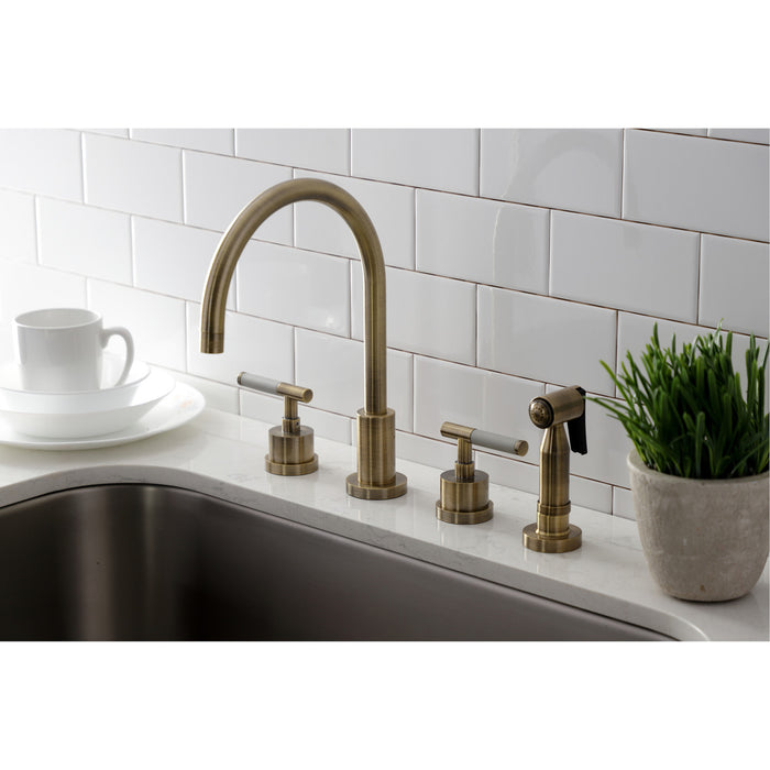 Kingston Sona KS8723CKLBS - Kaiser Double-Handle 4-Hole Widespread Kitchen Faucet with Brass Sprayer, Antique Brass