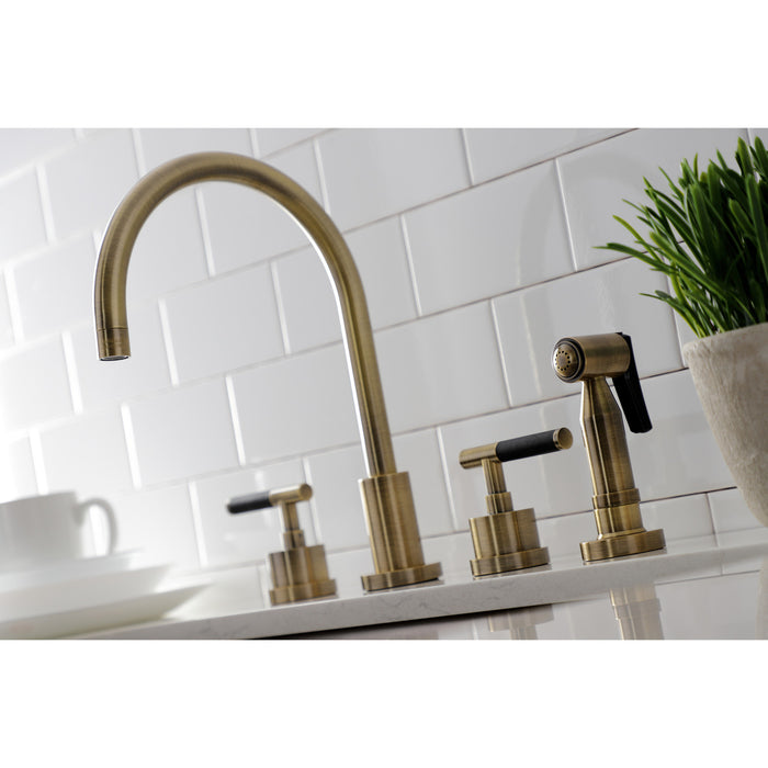 Kingston Sona KS8723CKLBS - Kaiser Double-Handle 4-Hole Widespread Kitchen Faucet with Brass Sprayer, Antique Brass