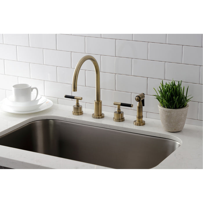 Kingston Sona KS8723CKLBS - Kaiser Double-Handle 4-Hole Widespread Kitchen Faucet with Brass Sprayer, Antique Brass