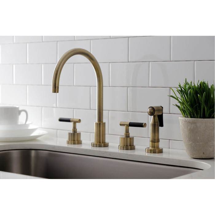 Kingston Sona KS8723CKLBS - Kaiser Double-Handle 4-Hole Widespread Kitchen Faucet with Brass Sprayer, Antique Brass