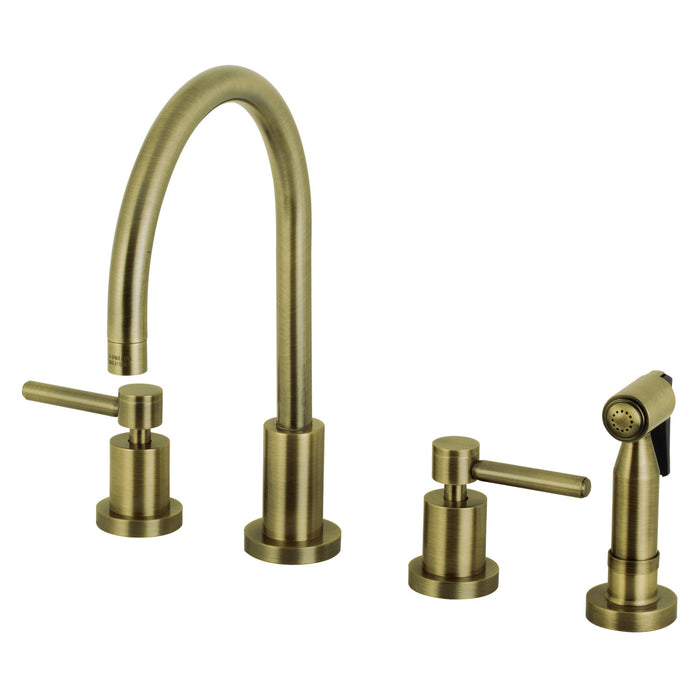 Kingston Sona KS8723DLBS - Concord Double-Handle 4-Hole Widespread Kitchen Faucet with Brass Sprayer, Antique Brass