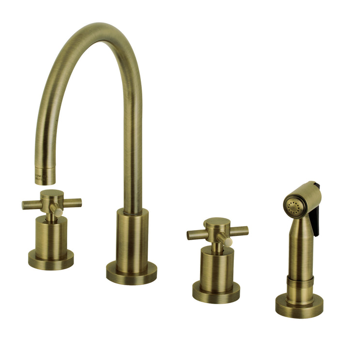 Kingston Sona KS8723DXBS - Concord Double-Handle 4-Hole Widespread Kitchen Faucet with Brass Sprayer, Antique Brass