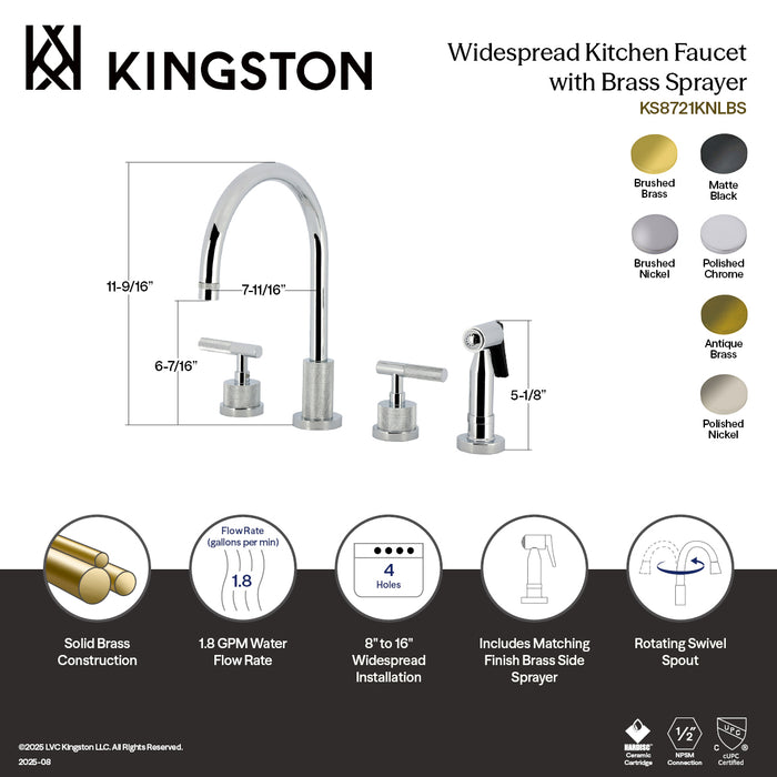 Kingston Sona KS8723KNLBS - Convergent Double-Handle 4-Hole Widespread Kitchen Faucet with Knurled Handle 4-Hole and Brass Sprayer, Antique Brass