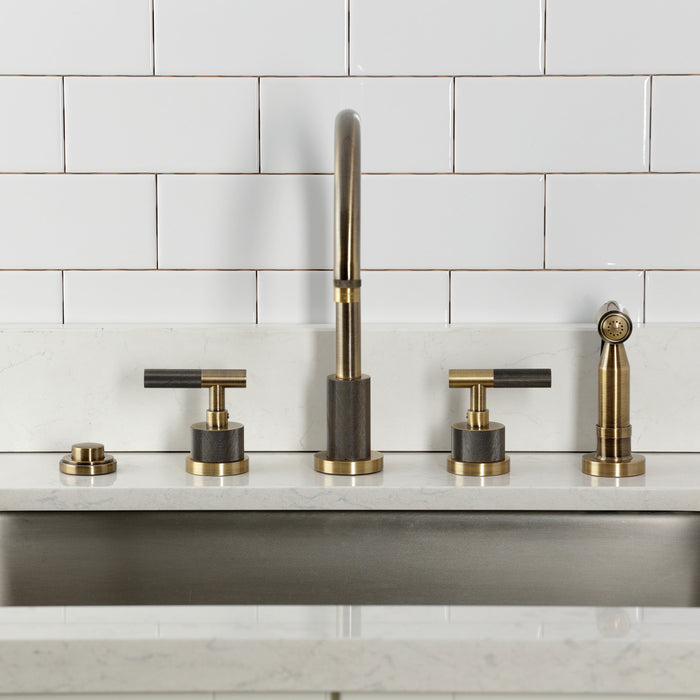 Kingston Sona KS8723KNLBS - Convergent Double-Handle 4-Hole Widespread Kitchen Faucet with Knurled Handle 4-Hole and Brass Sprayer, Antique Brass