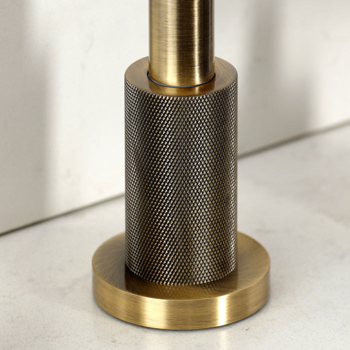 Kingston Sona KS8723KNLBS - Convergent Double-Handle 4-Hole Widespread Kitchen Faucet with Knurled Handle 4-Hole and Brass Sprayer, Antique Brass
