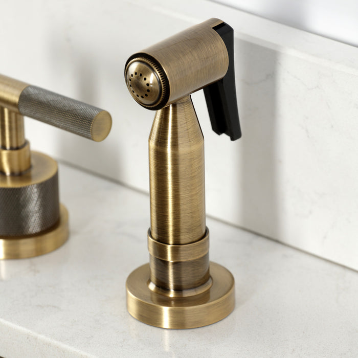 Kingston Sona KS8723KNLBS - Convergent Double-Handle 4-Hole Widespread Kitchen Faucet with Knurled Handle 4-Hole and Brass Sprayer, Antique Brass