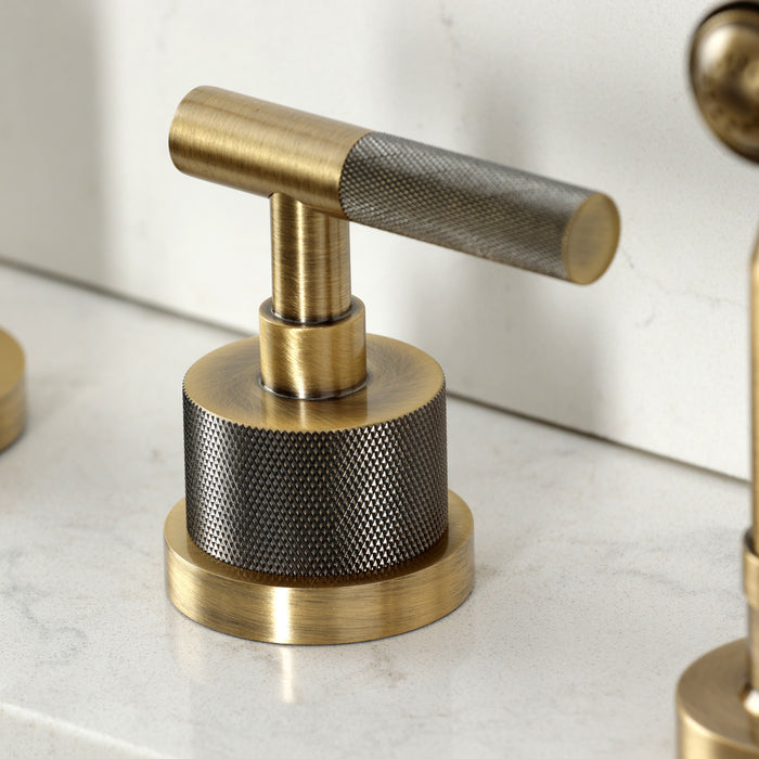 Kingston Sona KS8723KNLBS - Convergent Double-Handle 4-Hole Widespread Kitchen Faucet with Knurled Handle 4-Hole and Brass Sprayer, Antique Brass