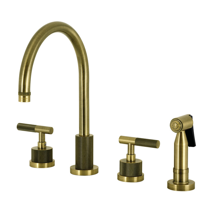 Kingston Sona KS8723KNLBS - Convergent Double-Handle 4-Hole Widespread Kitchen Faucet with Knurled Handle 4-Hole and Brass Sprayer, Antique Brass