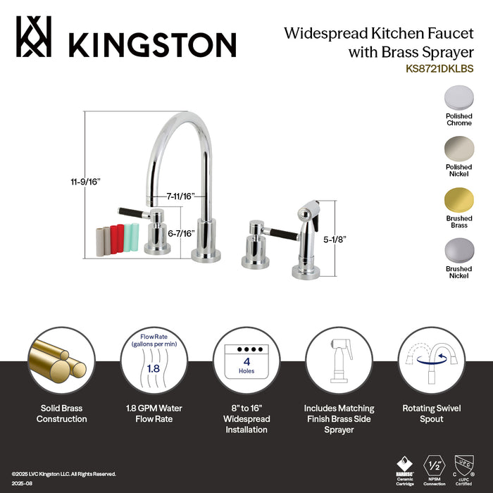 Kingston Sona KS8726DKLBS - Kaiser Double-Handle 4-Hole Widespread Kitchen Faucet with Brass Sprayer, Polished Nickel