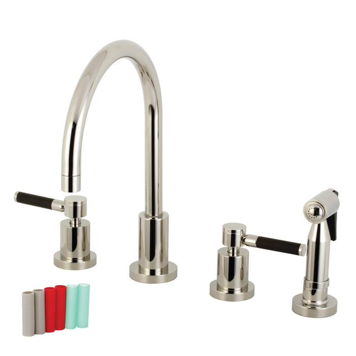 Kingston Sona KS8726DKLBS - Kaiser Double-Handle 4-Hole Widespread Kitchen Faucet with Brass Sprayer, Polished Nickel