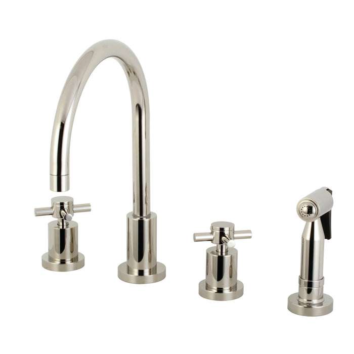 Kingston Sona KS8726DXBS - Concord Double-Handle 4-Hole Widespread Kitchen Faucet with Brass Sprayer, Polished Nickel