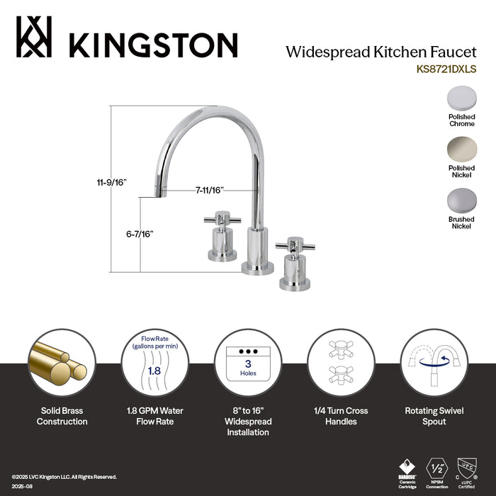 Kingston Sona KS8726DXLS - Concord Double-Handle 3-Hole Widespread Kitchen Faucet, Polished Nickel