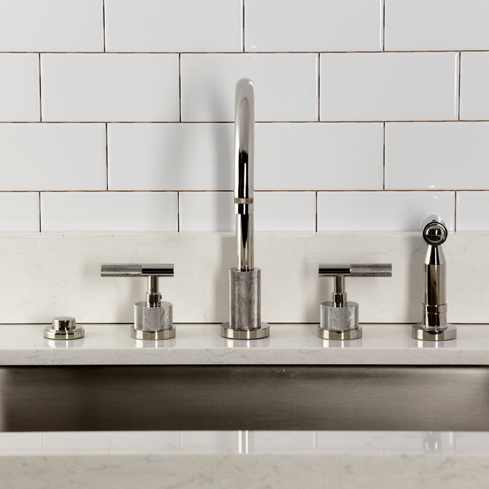 Kingston Sona KS8726KNLBS - Convergent Double-Handle 4-Hole Widespread Kitchen Faucet with Knurled Handle 4-Hole and Brass Sprayer, Polished Nickel