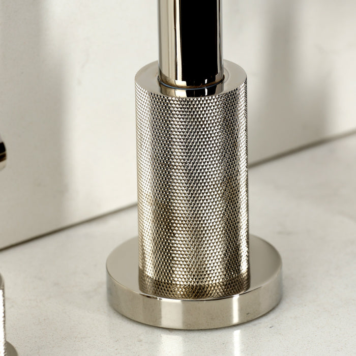 Kingston Sona KS8726KNLBS - Convergent Double-Handle 4-Hole Widespread Kitchen Faucet with Knurled Handle 4-Hole and Brass Sprayer, Polished Nickel