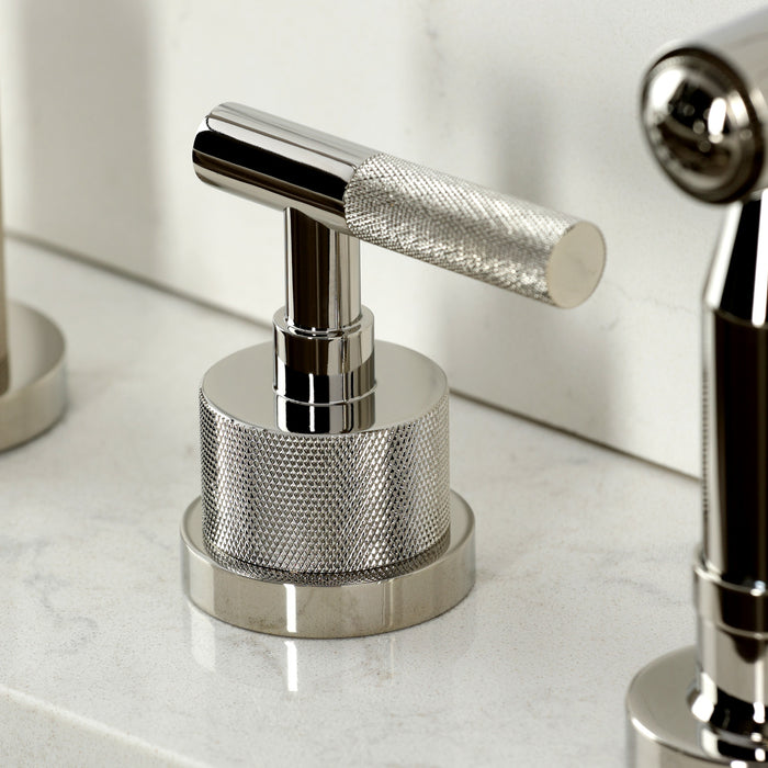 Kingston Sona KS8726KNLBS - Convergent Double-Handle 4-Hole Widespread Kitchen Faucet with Knurled Handle 4-Hole and Brass Sprayer, Polished Nickel