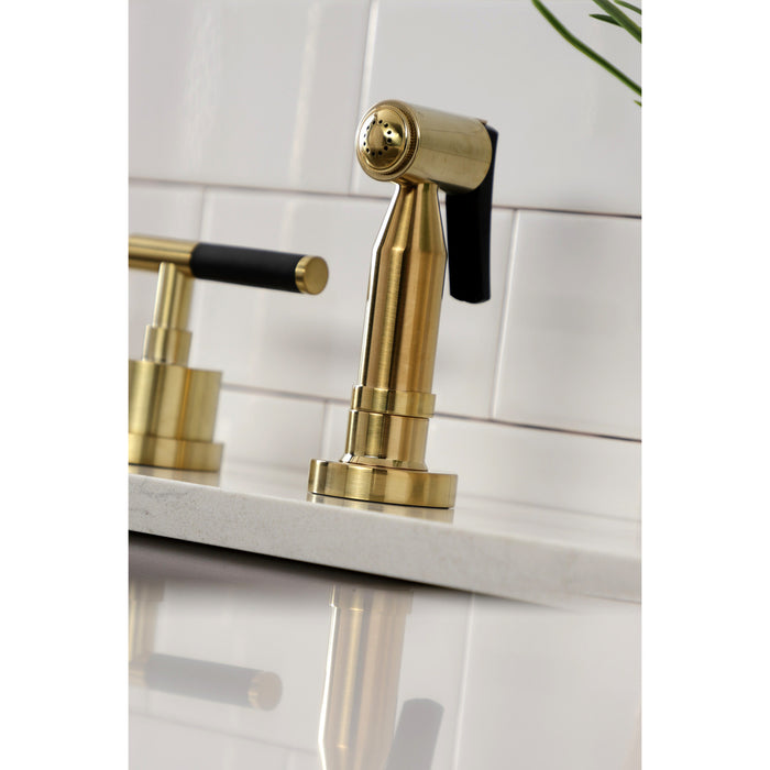 Kingston Sona KS8727CKLBS - Kaiser Double-Handle 4-Hole Widespread Kitchen Faucet with Brass Sprayer, Brushed Brass