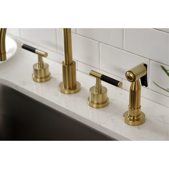 Kingston Sona KS8727CKLBS - Kaiser Double-Handle 4-Hole Widespread Kitchen Faucet with Brass Sprayer, Brushed Brass