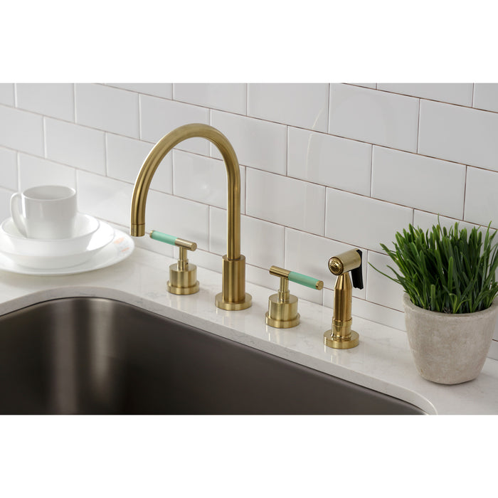 Kingston Sona KS8727CKLBS - Kaiser Double-Handle 4-Hole Widespread Kitchen Faucet with Brass Sprayer, Brushed Brass