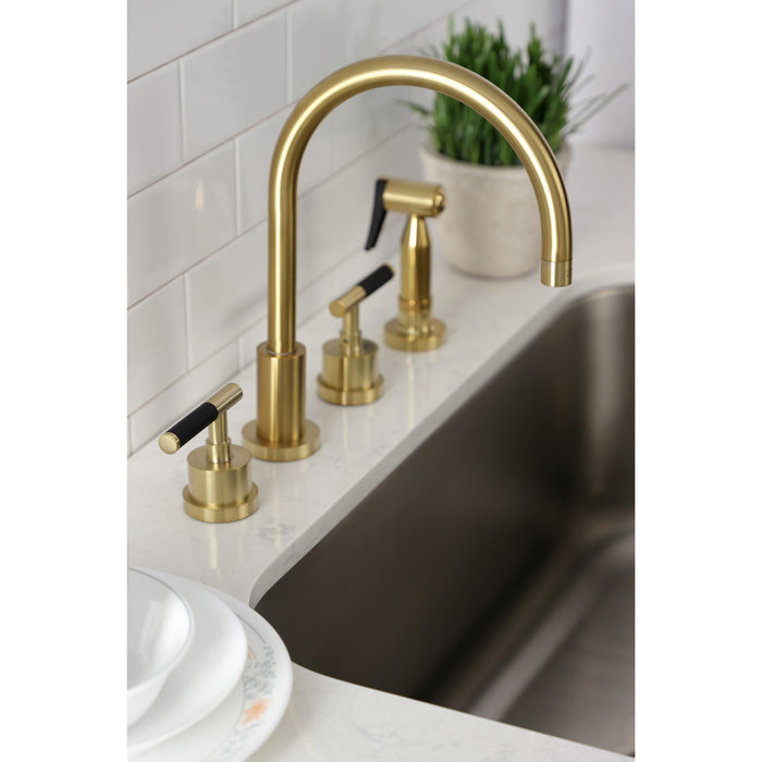 Kingston Sona KS8727CKLBS - Kaiser Double-Handle 4-Hole Widespread Kitchen Faucet with Brass Sprayer, Brushed Brass
