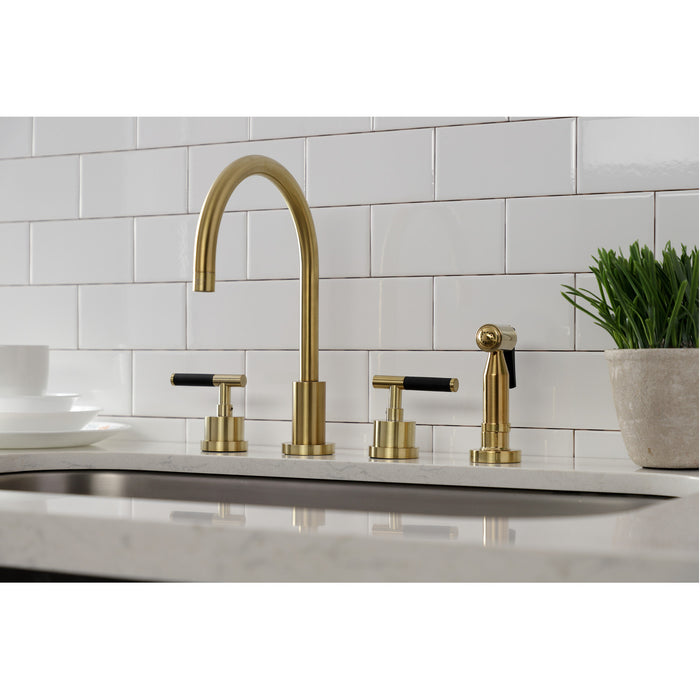 Kingston Sona KS8727CKLBS - Kaiser Double-Handle 4-Hole Widespread Kitchen Faucet with Brass Sprayer, Brushed Brass