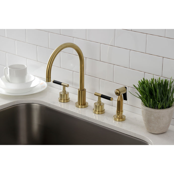 Kingston Sona KS8727CKLBS - Kaiser Double-Handle 4-Hole Widespread Kitchen Faucet with Brass Sprayer, Brushed Brass