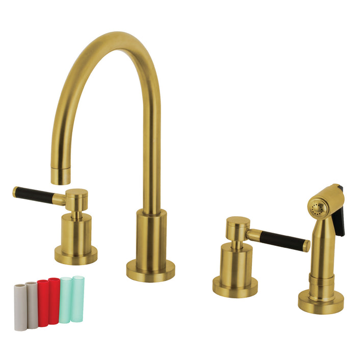 Kingston Sona KS8727DKLBS - Kaiser Double-Handle 4-Hole Widespread Kitchen Faucet with Brass Sprayer, Brushed Brass