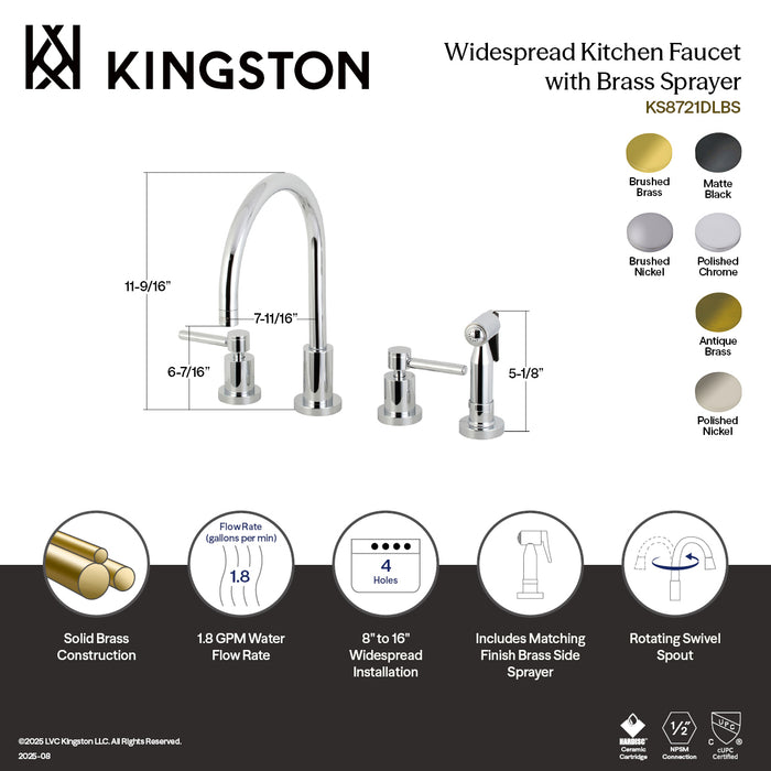 Kingston Sona KS8727DLBS - Concord Double-Handle 4-Hole Widespread Kitchen Faucet with Brass Sprayer, Brushed Brass
