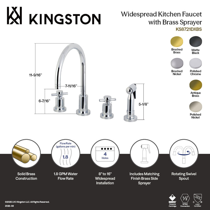 Kingston Sona KS8727DXBS - Concord Double-Handle 4-Hole Widespread Kitchen Faucet with Brass Sprayer, Brushed Brass