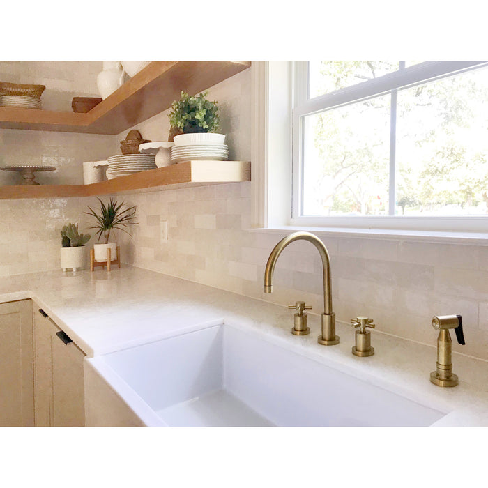 Kingston Sona KS8727DXBS - Concord Double-Handle 4-Hole Widespread Kitchen Faucet with Brass Sprayer, Brushed Brass