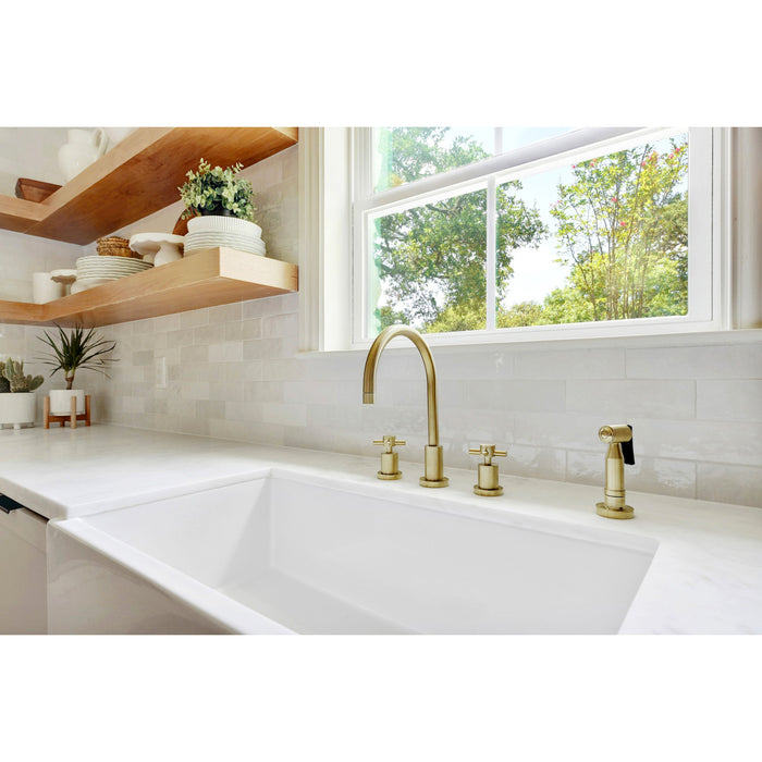 Kingston Sona KS8727DXBS - Concord Double-Handle 4-Hole Widespread Kitchen Faucet with Brass Sprayer, Brushed Brass