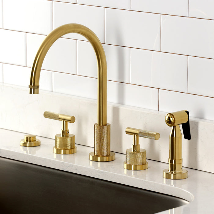 Kingston Sona KS8727KNLBS - Convergent Double-Handle 4-Hole Widespread Kitchen Faucet with Knurled Handle 4-Hole and Brass Sprayer, Brushed Brass