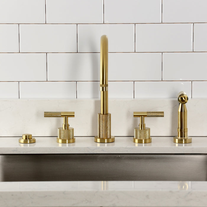 Kingston Sona KS8727KNLBS - Convergent Double-Handle 4-Hole Widespread Kitchen Faucet with Knurled Handle 4-Hole and Brass Sprayer, Brushed Brass