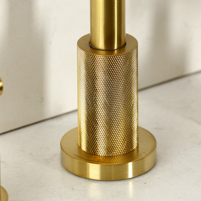Kingston Sona KS8727KNLBS - Convergent Double-Handle 4-Hole Widespread Kitchen Faucet with Knurled Handle 4-Hole and Brass Sprayer, Brushed Brass