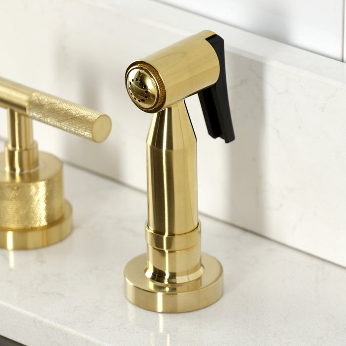 Kingston Sona KS8727KNLBS - Convergent Double-Handle 4-Hole Widespread Kitchen Faucet with Knurled Handle 4-Hole and Brass Sprayer, Brushed Brass