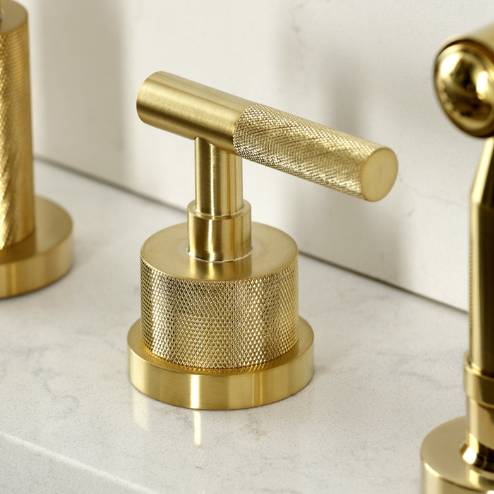 Kingston Sona KS8727KNLBS - Convergent Double-Handle 4-Hole Widespread Kitchen Faucet with Knurled Handle 4-Hole and Brass Sprayer, Brushed Brass